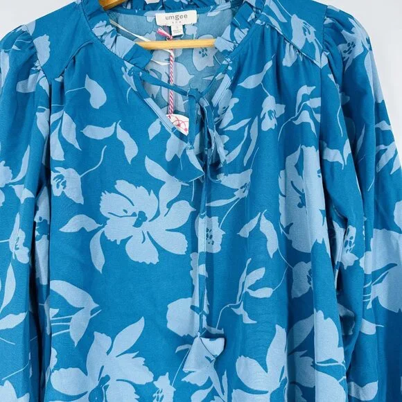 Umgee Blue Teal Floral Notch Neck Balloon Sleeve Tassel Blouse Top New Size S - Picture 7 of 12